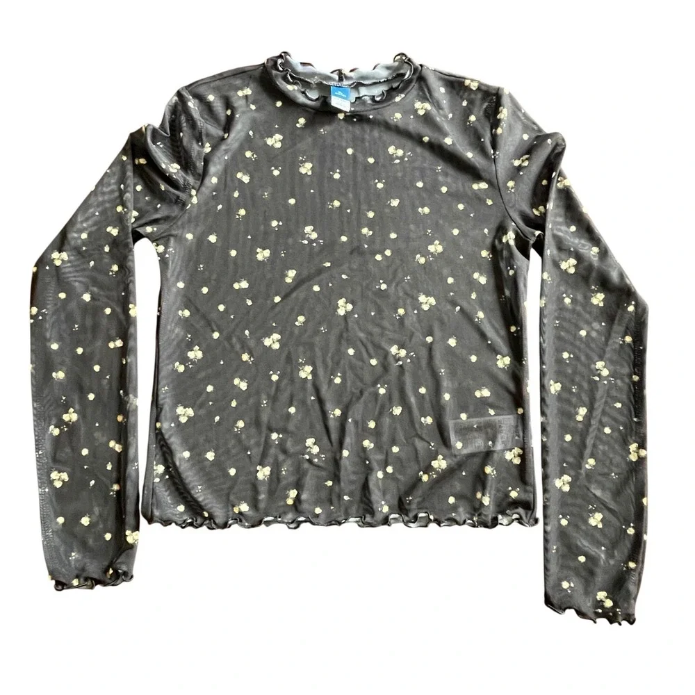Old Navy Kids Girl XL 14-16 Black Floral Sheer Mesh Long Sleeve Lettuce Edge Top